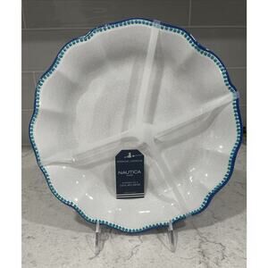 Set 4 NAUTICA MELAMINE Crackle White Turquoise Blue Hobnail Rim Dinner Plates